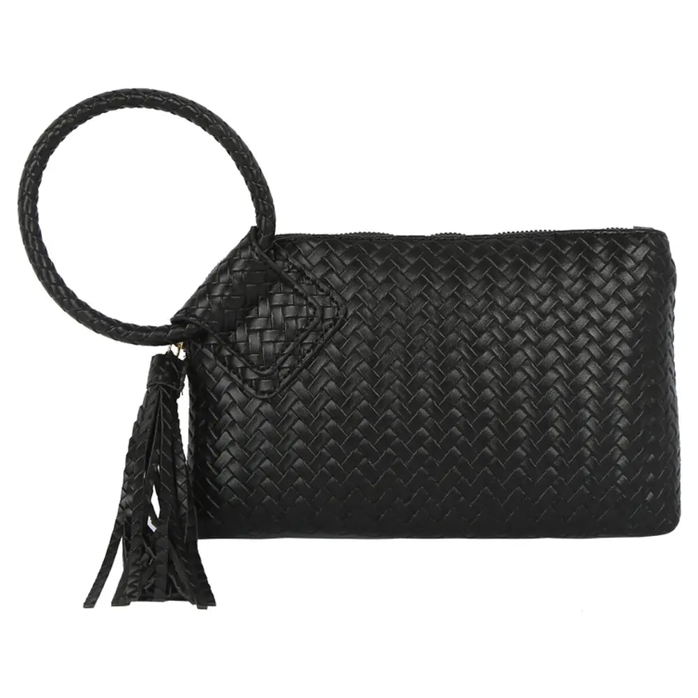 Faux Leather Woven Cuff Clutch Bag - Black