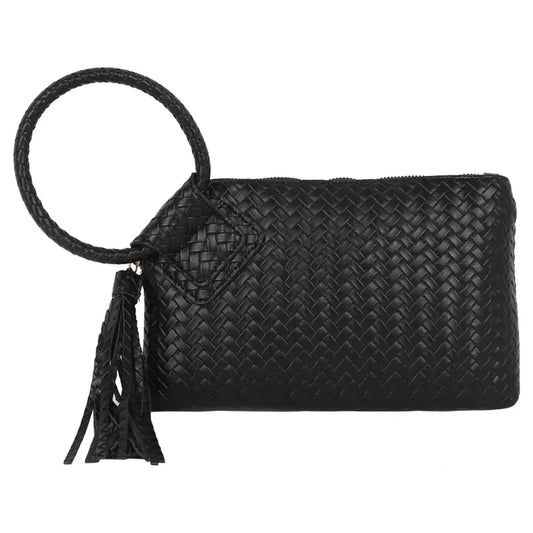 Faux Leather Woven Cuff Clutch Bag - Black