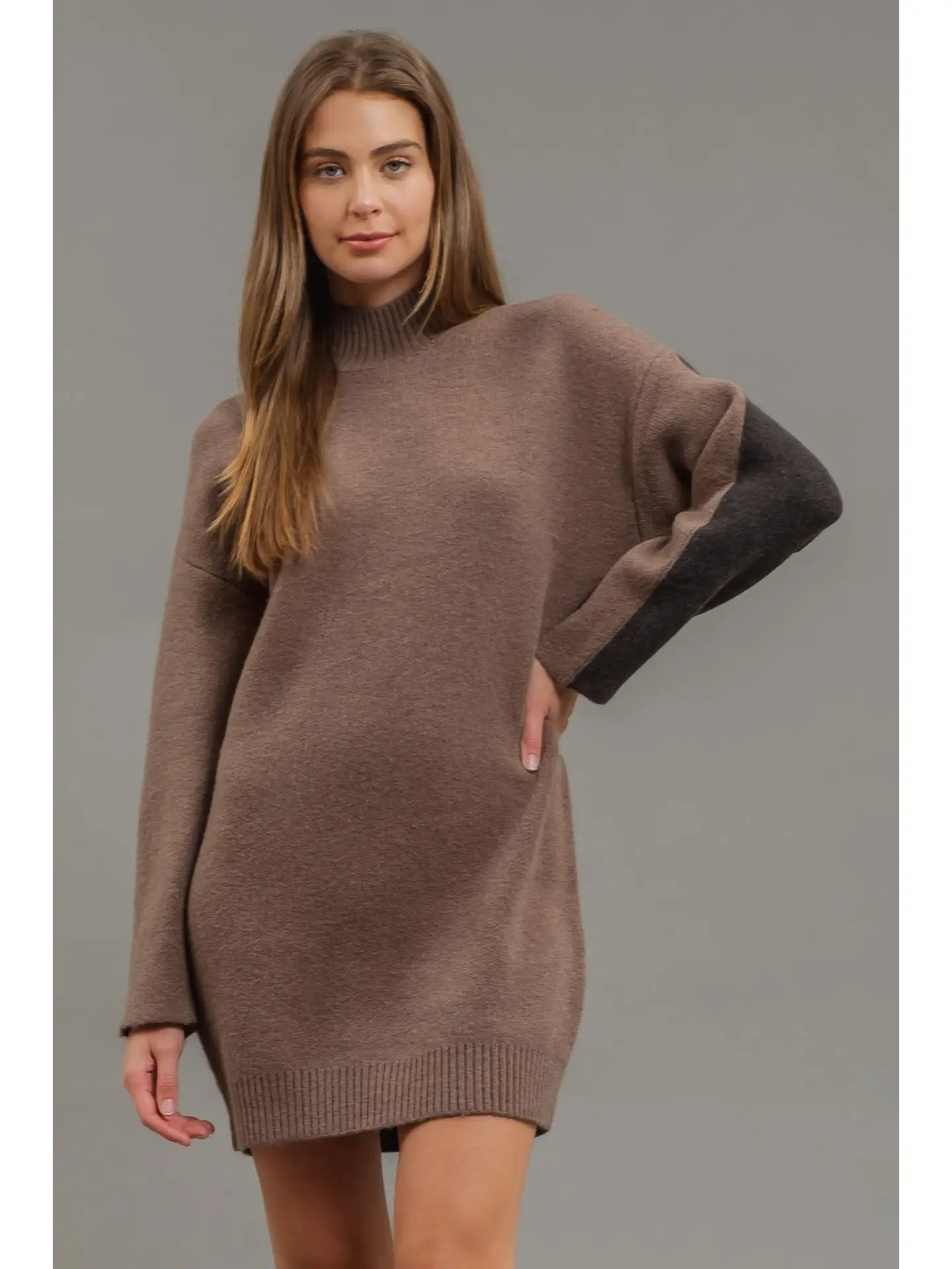 Colorblock Mock Neck Long Sleeve Sweater Dress