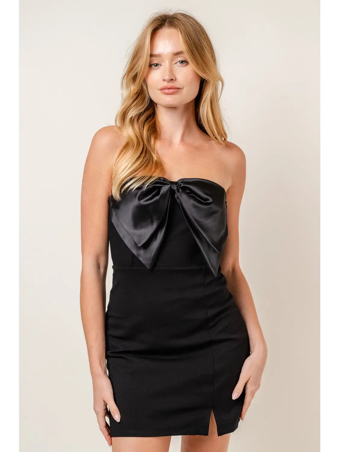 Off Shoulder Satin Bow Mini Dress