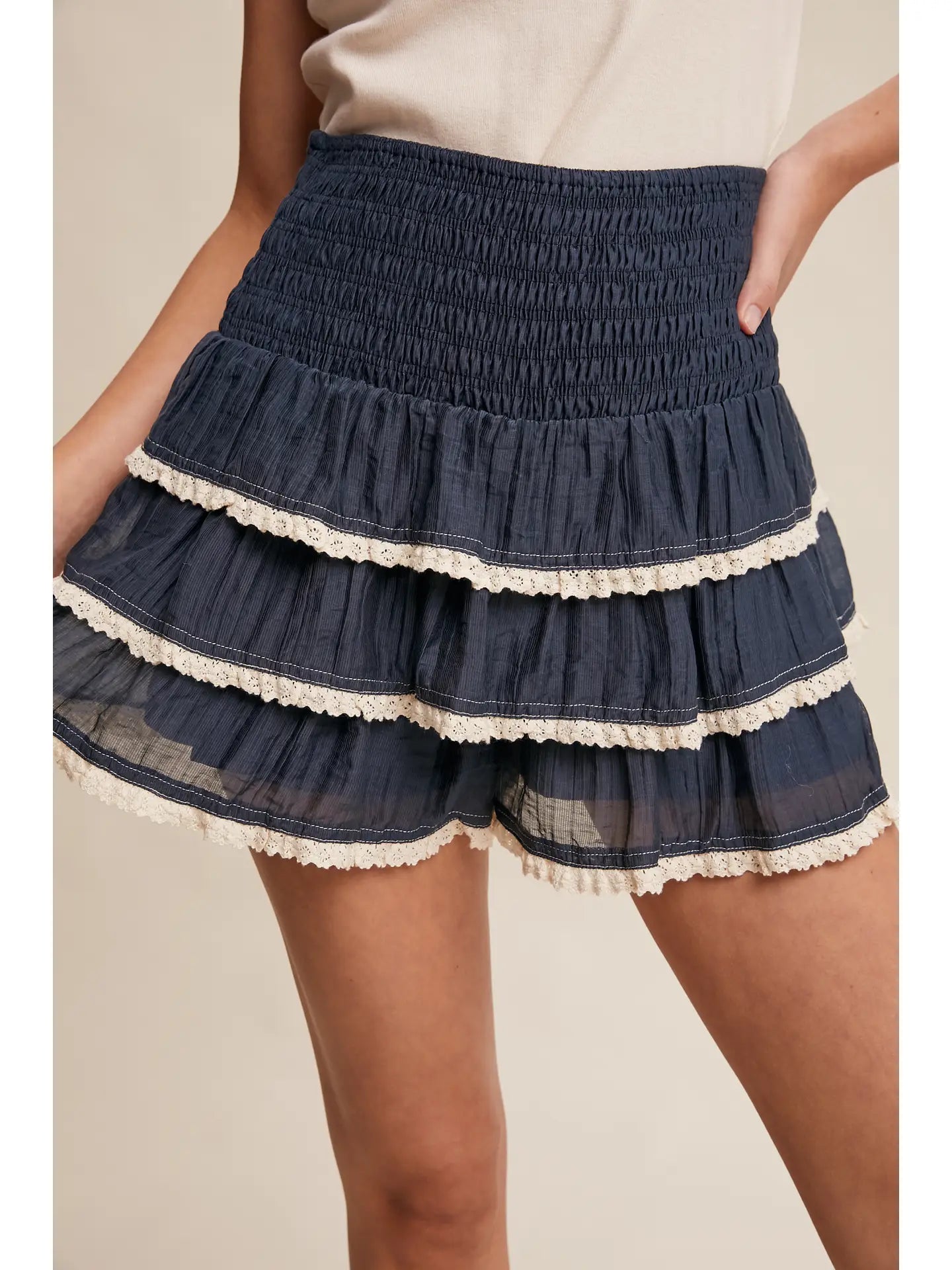 Tiered Ruffle Lace Skort - Navy