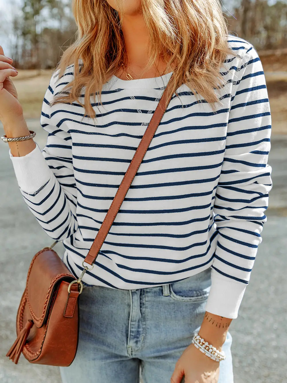 Hannah Blue Striped Print Ribbed Trim Long Sleeve Top