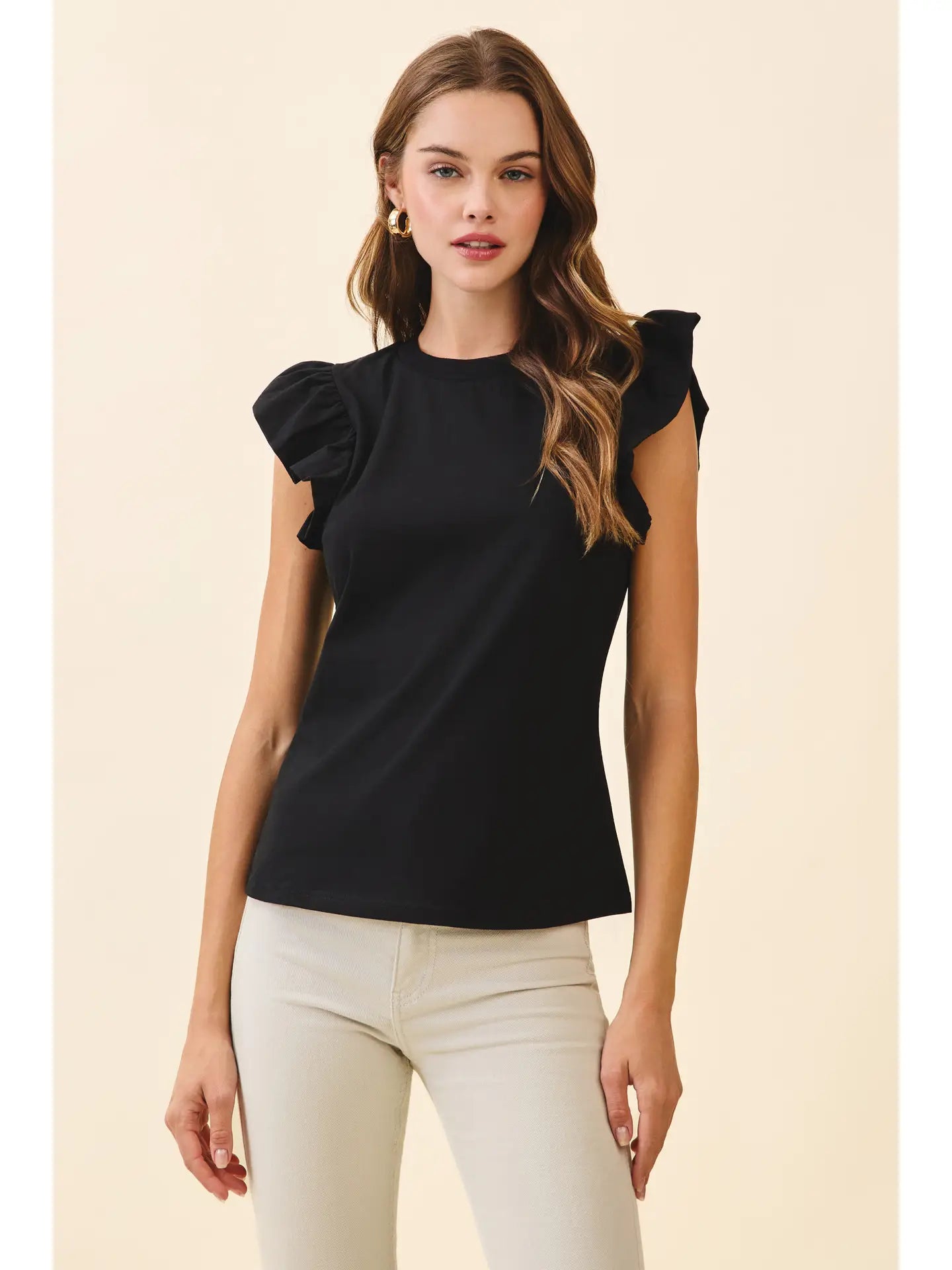 Ruffled Flutter Sleeve Top - Black