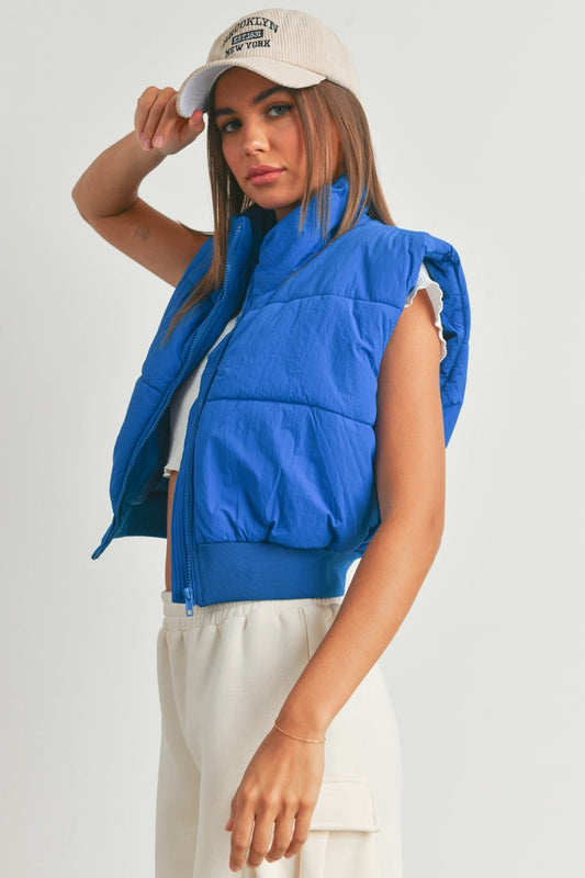 Zip-Up Crop Puffer Fall Vest - Cobalt