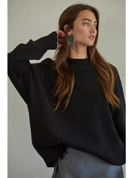 Long Sleeve High Neck Chunky Oversized Sweater - Black