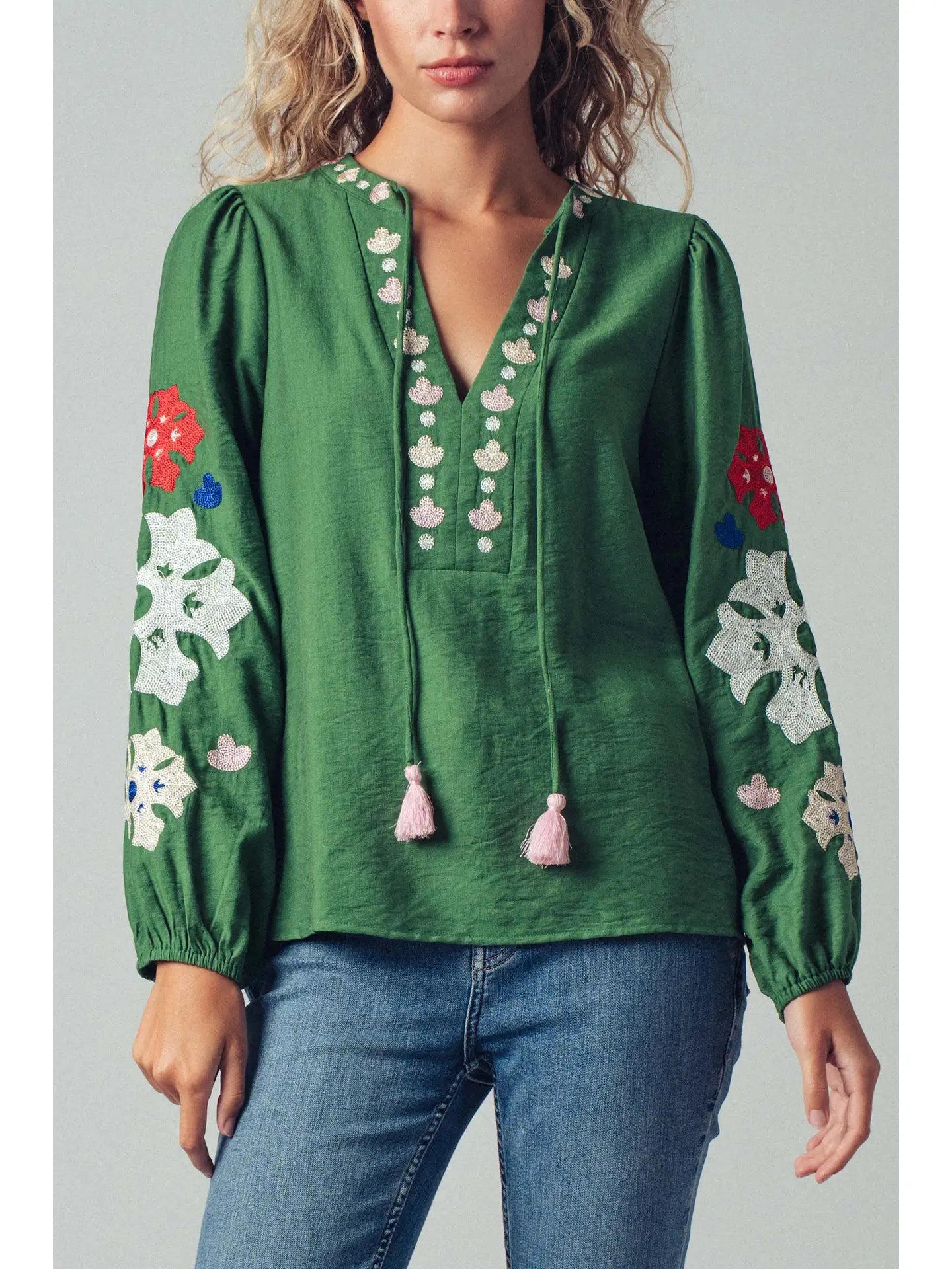Embroidered Tassel Tie Blouse