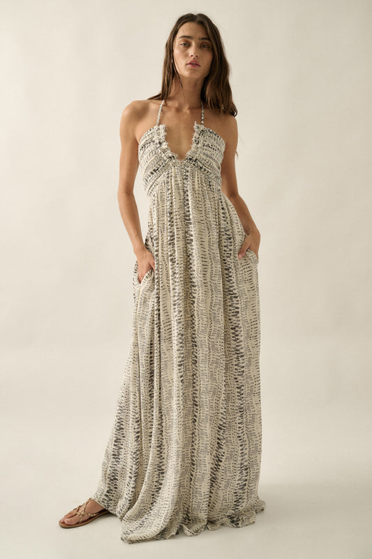 Aurora Abstract Tie-Back Halter Maxi Dress