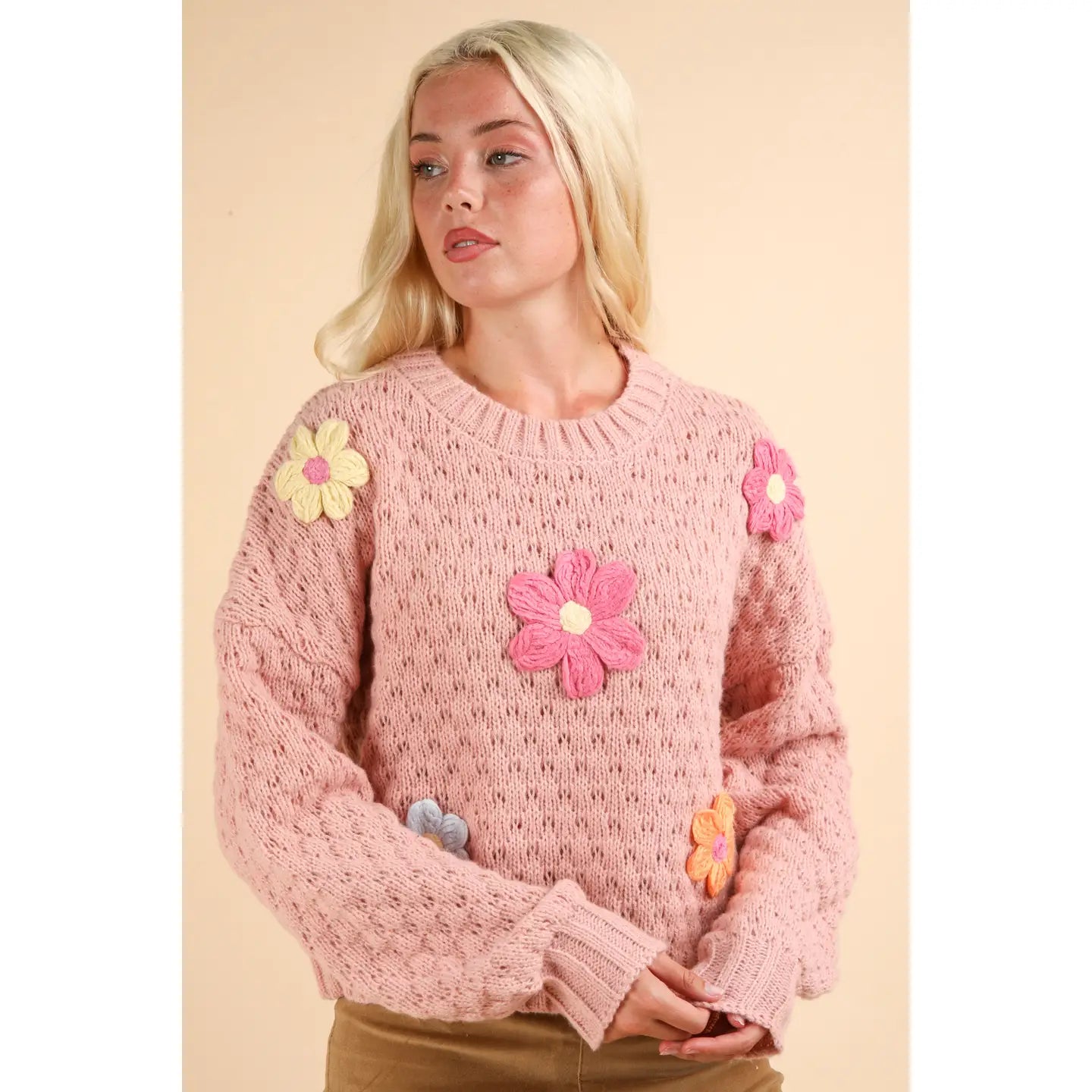 Hand Made Flower Applique Knit Sweater Top- Blush