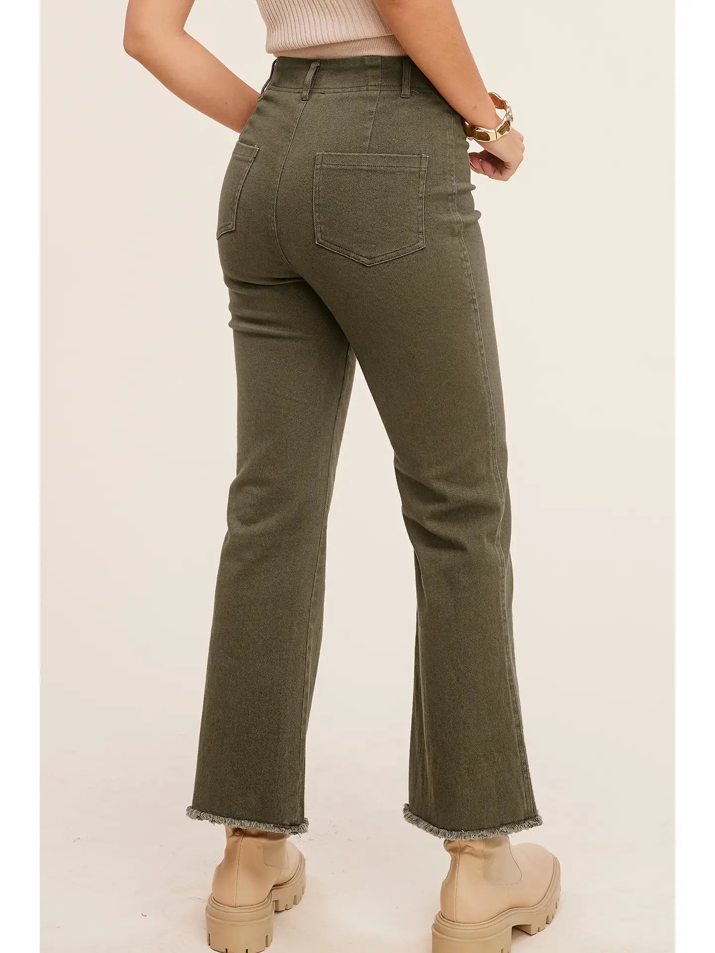 Soft Cut Edge High Waisted Flare Jeans - Olive Green