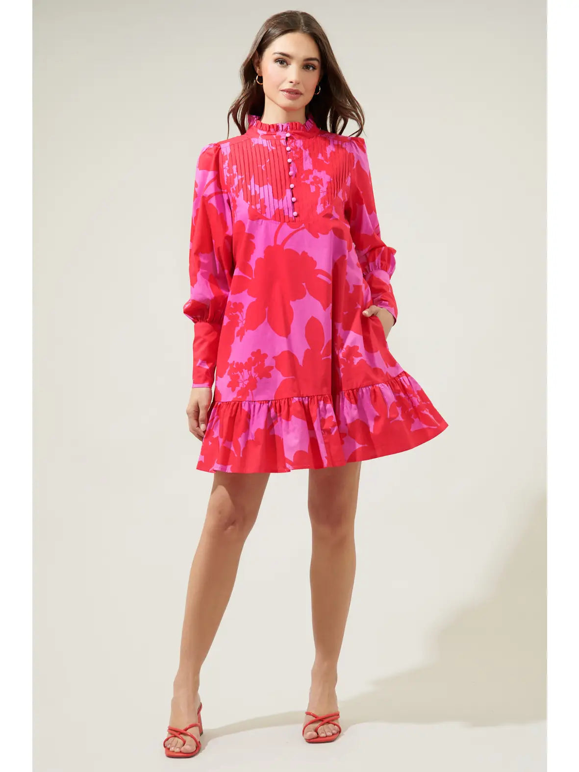 Briff Floral Beacher Pintuck Shift Dress-Pink-Red